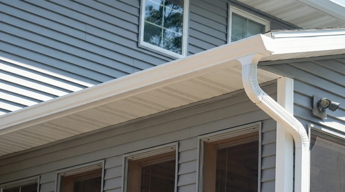 Professional home remodeling project showing newly installed white seamless gutters and downspouts on a house with gray siding in Oakland, CA