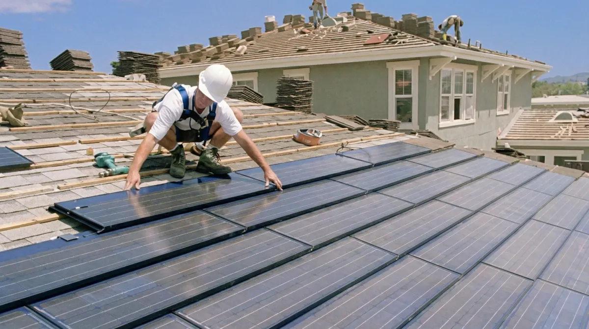 Roof replacement expert installing modern solar shingles on a residential home in Oakland, CA