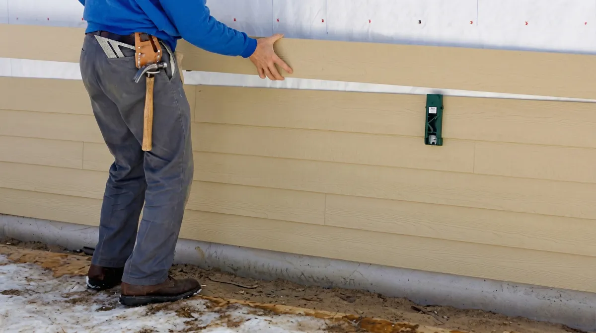 Siding replacement expert carefully aligning a new tan siding panel onto a residential exterior wall in Oakland, CA