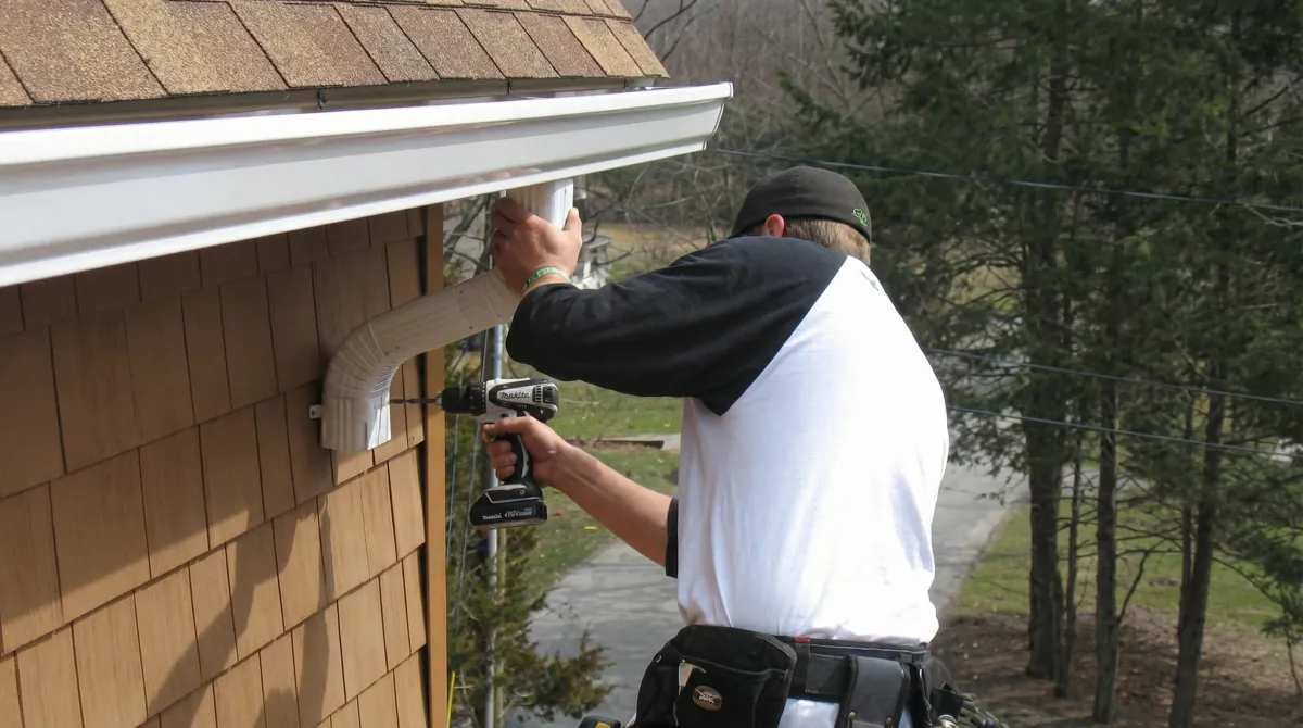 Professional contractor installing tan vinyl siding panels on a residential home exterior in Oakland, CA