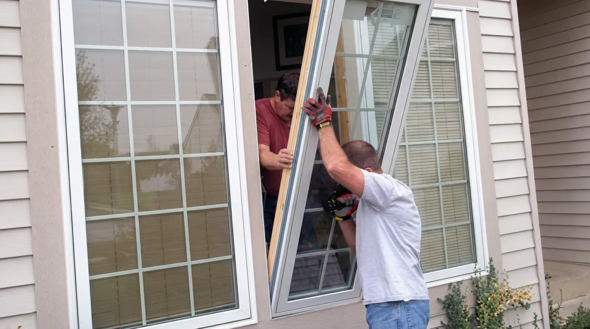Professional home remodeling team installing a large replacement window on a house with tan siding in Oakland, CA